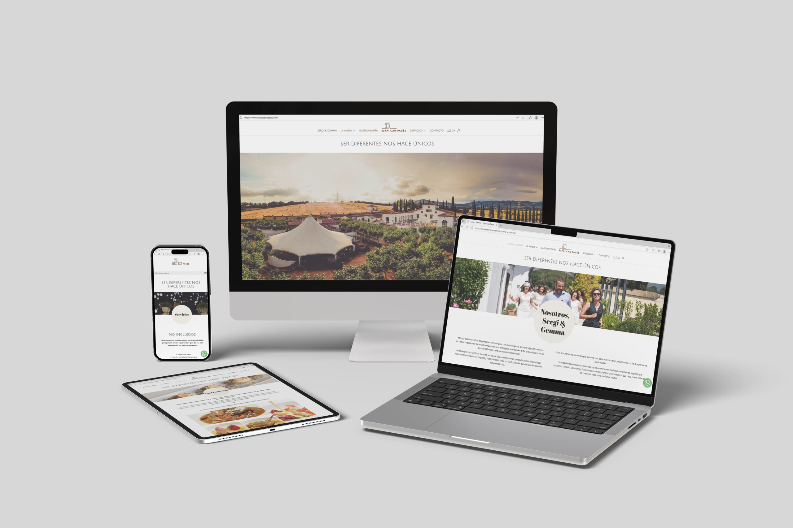 Web responsive de Espai Can Pagès visualizada en ordenador, portátil, tableta y móvil