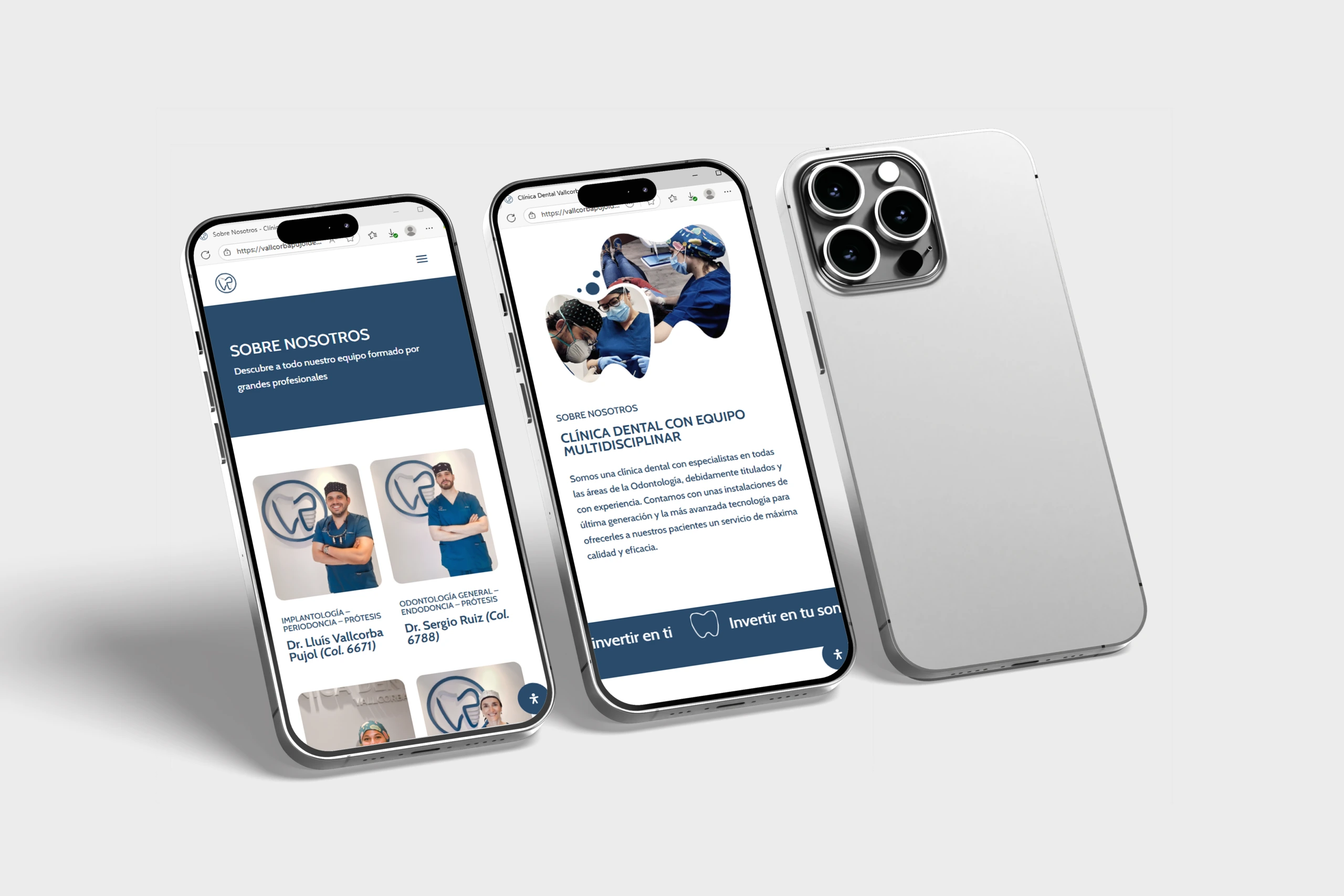 Web mòbil de Clínica Dental Vallcorba Pujol amb informació sobre l’equip professional