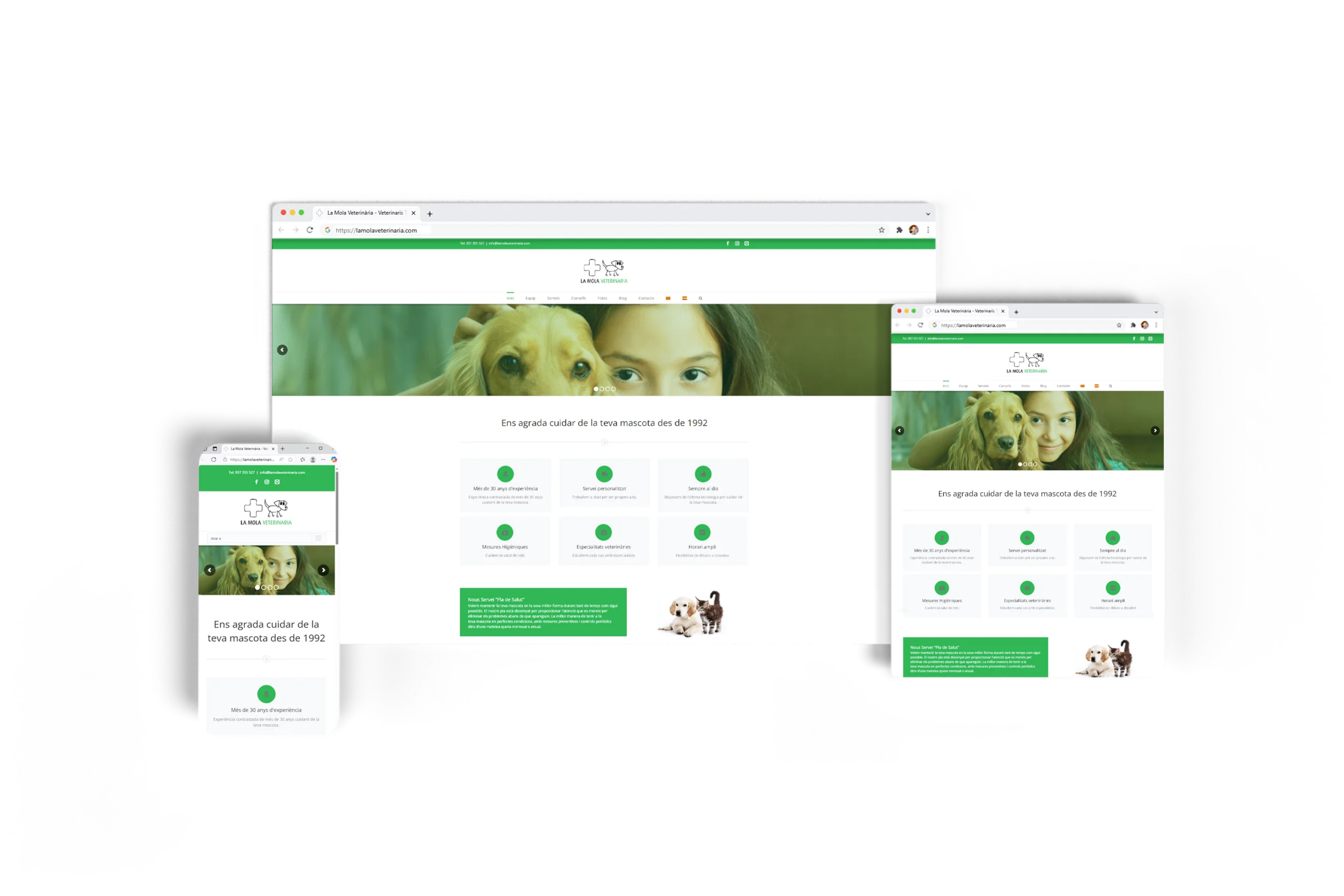 Web responsive de La Mola Veterinària visualizada en ordenador y dispositivos móviles