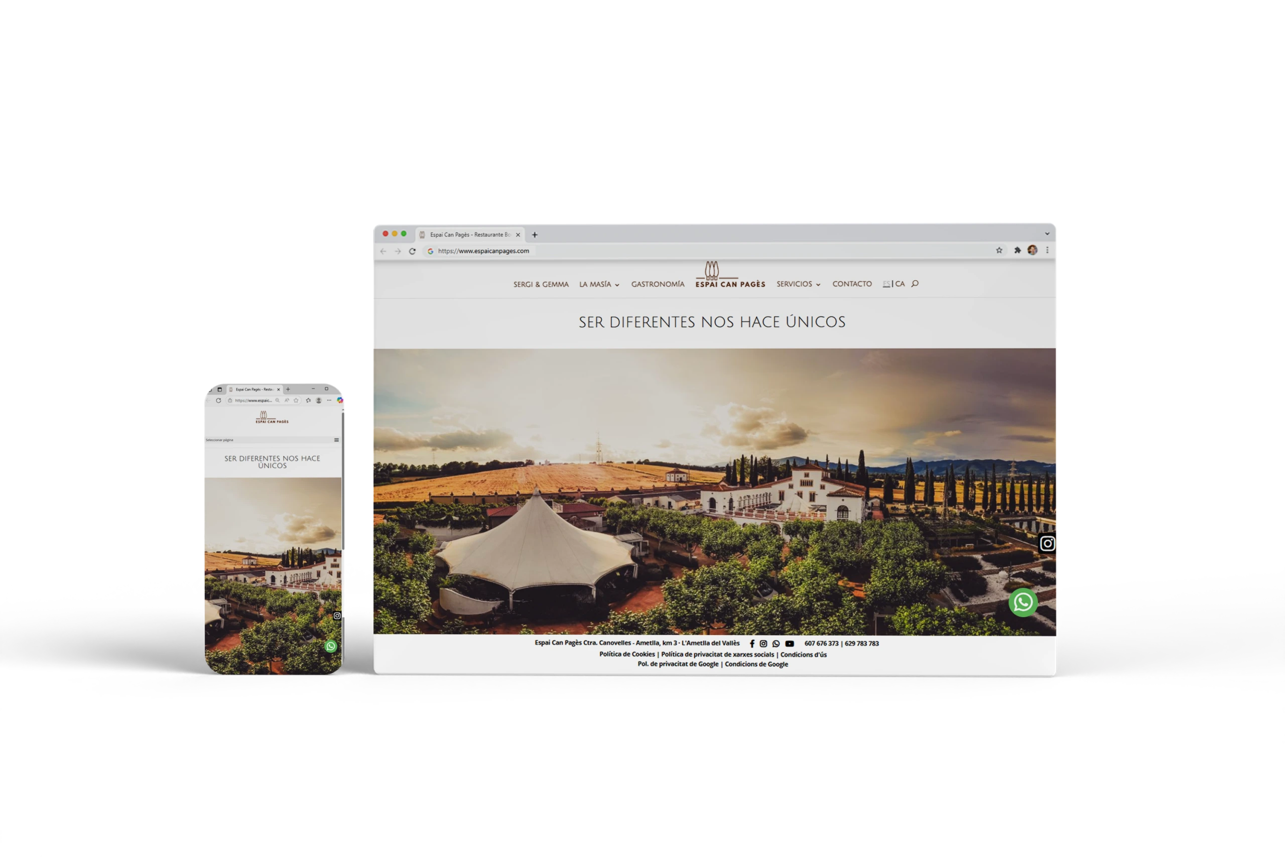 Web responsive de Espai Can Pagès visualizada en ordenador y móvil