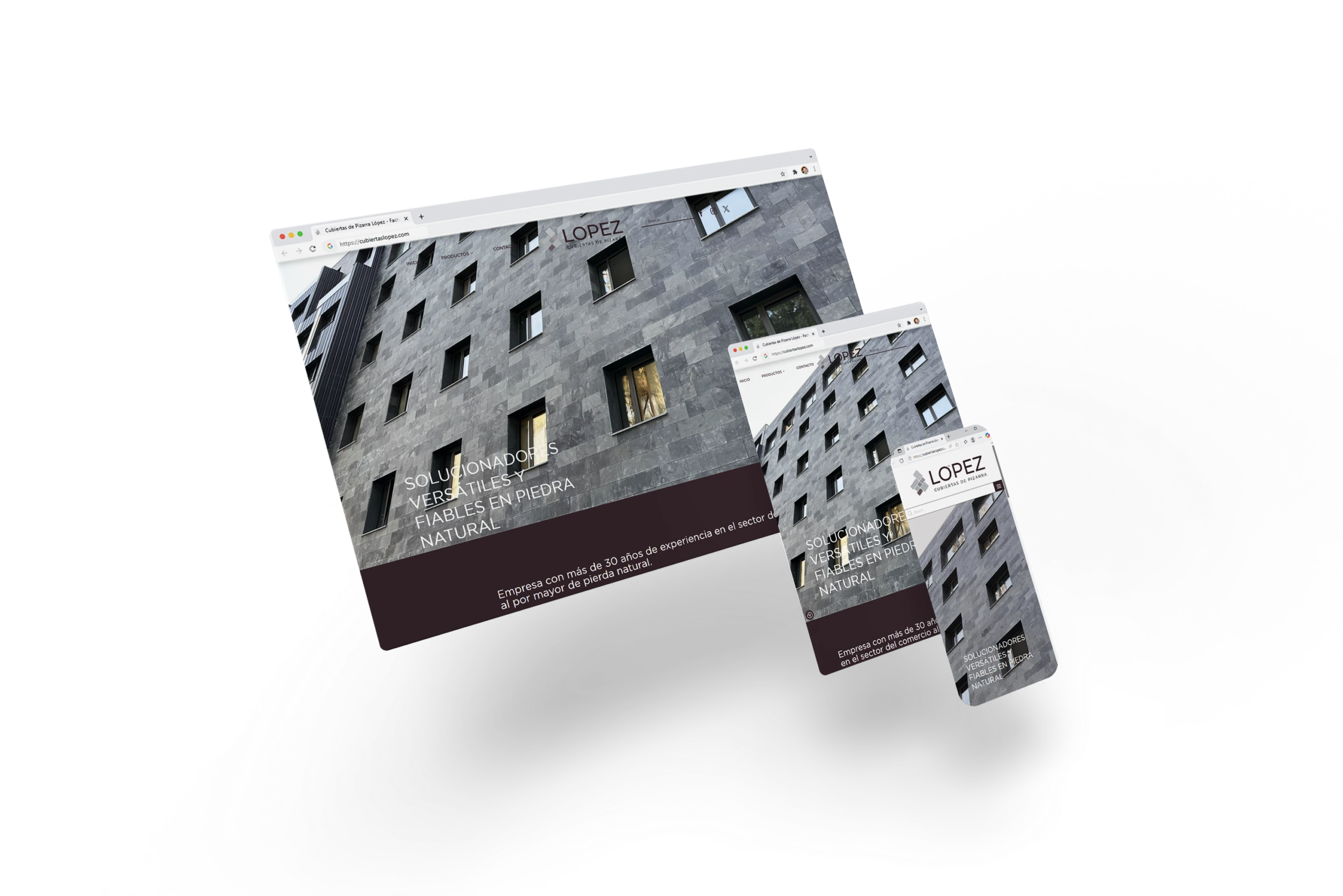 Web responsive de López Cubiertas de Pizarra visualizada en ordenador y dispositivos móviles