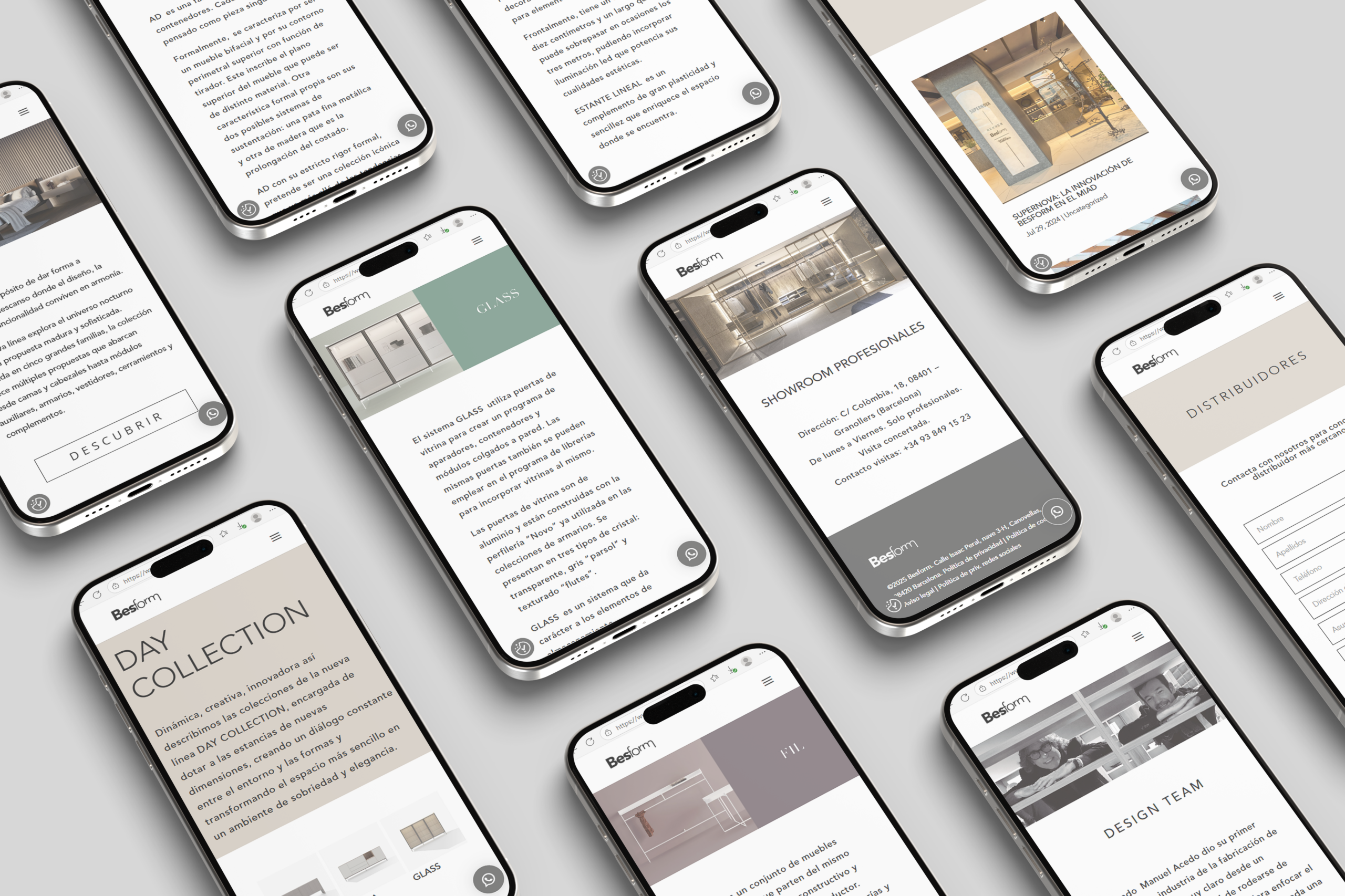 Web mòbil de Besform amb continguts de producte, showroom i distribuïdors