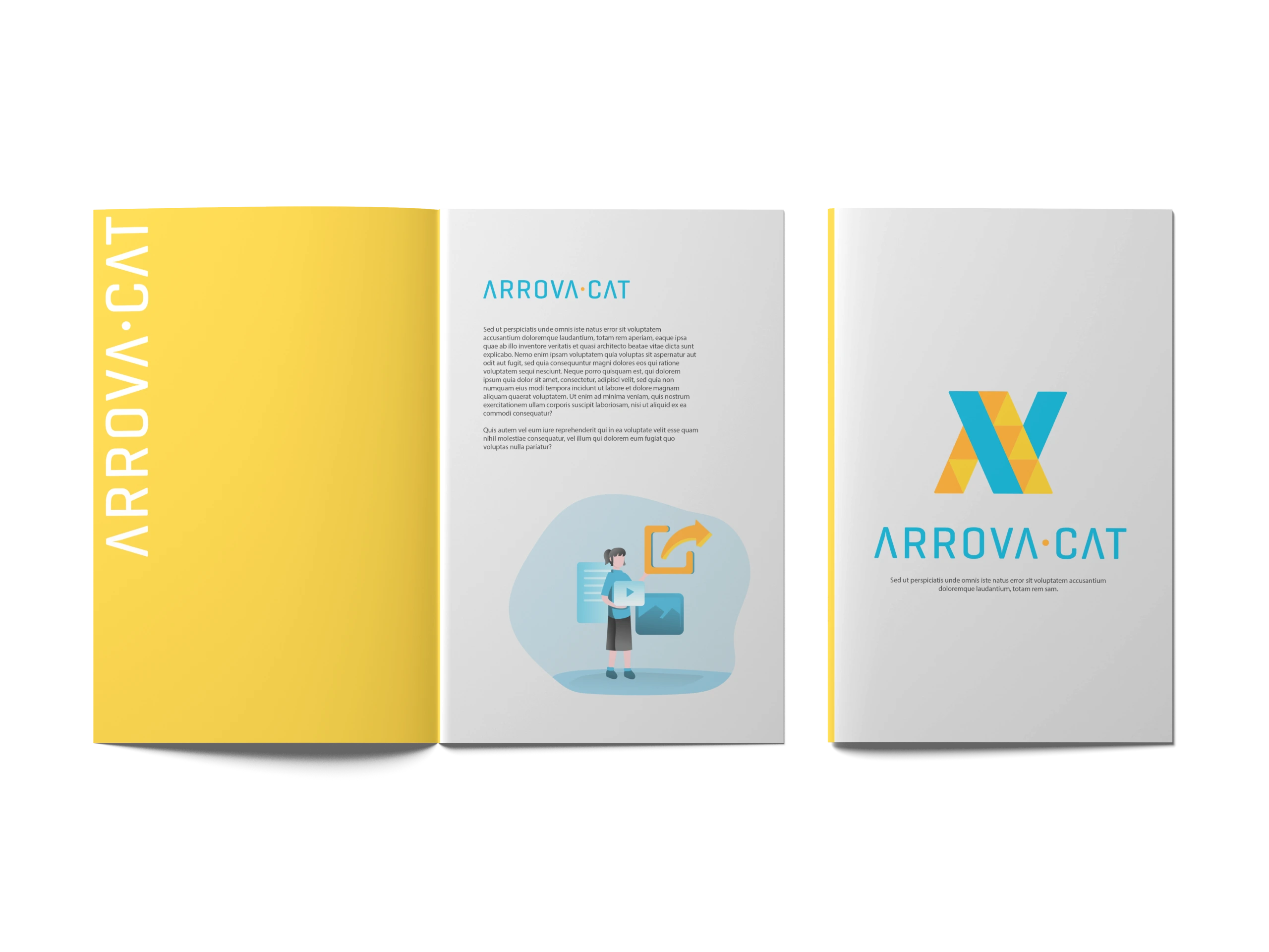 Tríptic corporatiu d’Arrova.cat amb identitat visual en blau i groc