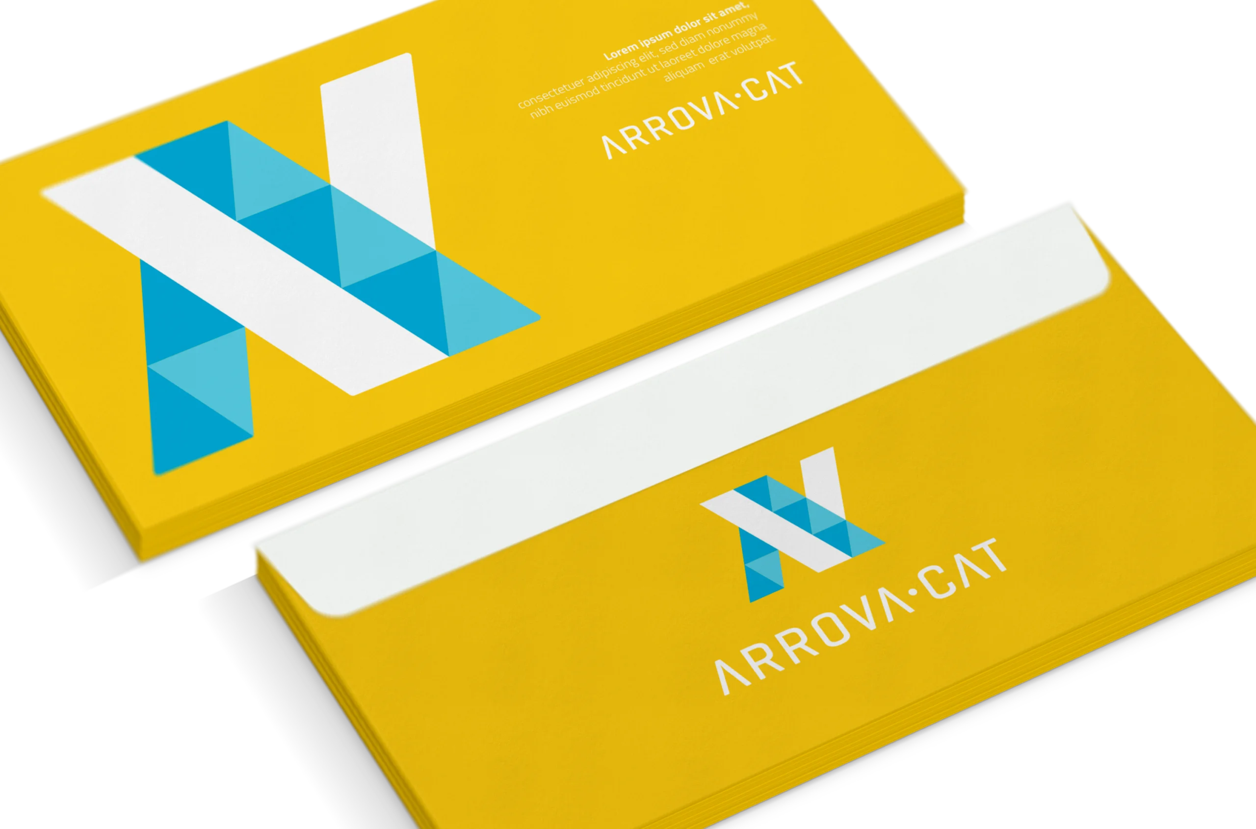 Targetes grogues d’Arrova.cat amb logotip i disseny geomètric