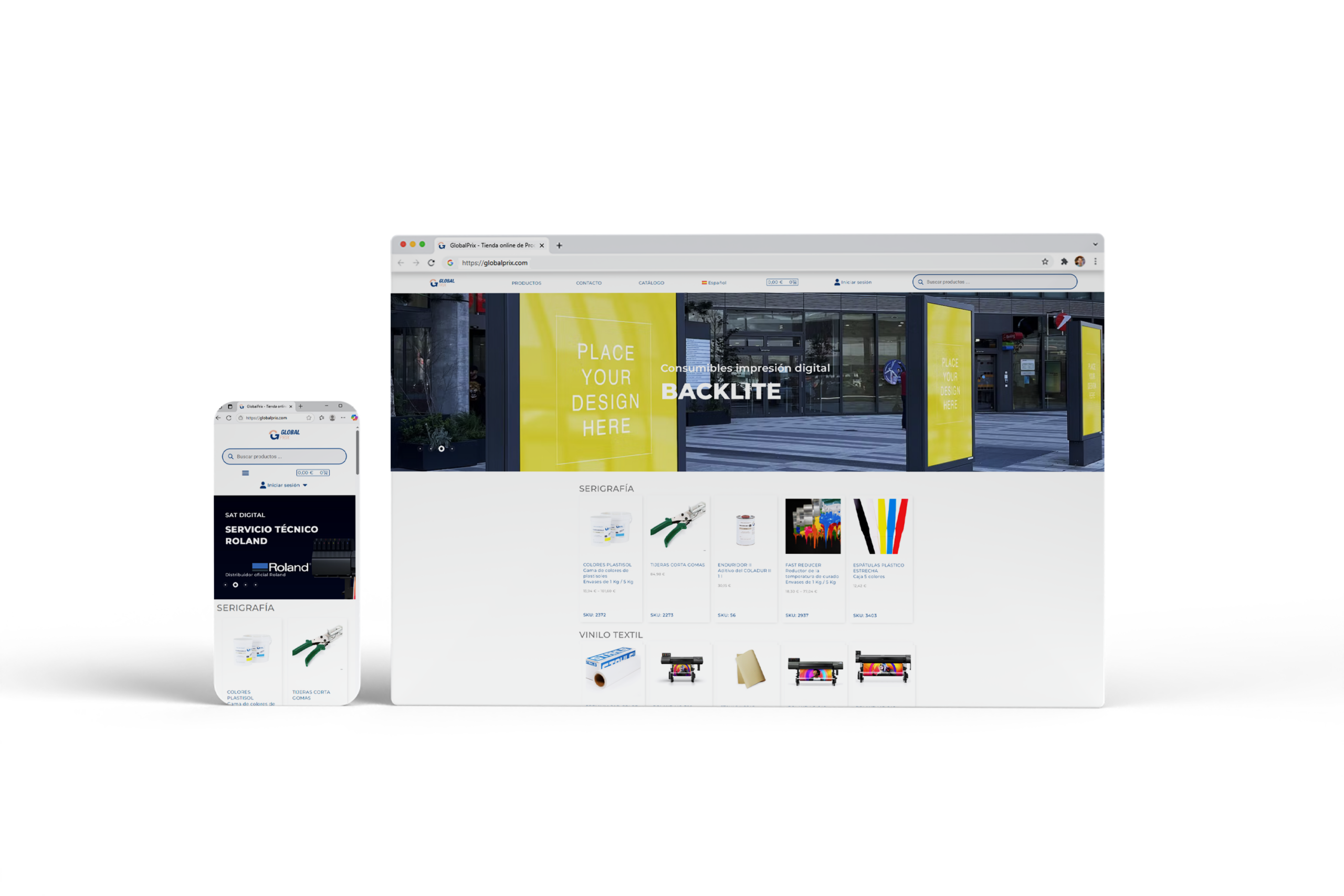 Tienda online de Global Print visualizada en ordenador y dispositivo móvil