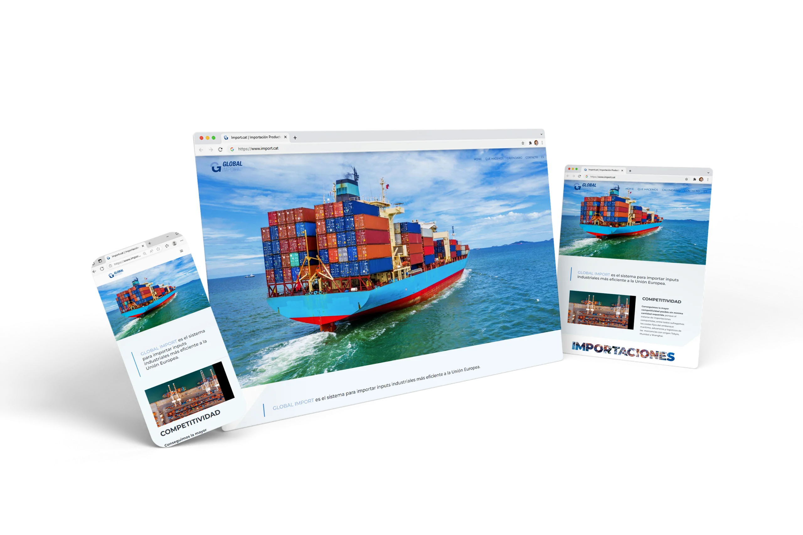 Web responsive de Global Import visualizada en ordenador y dispositivos móviles